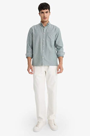 Regular Fit Polo Yaka Dokuma Uzun Kollu Çizgili Gömlek