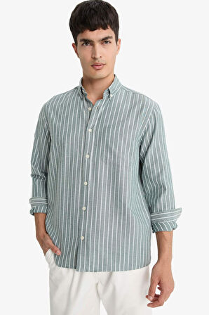 Regular Fit Polo Yaka Dokuma Uzun Kollu Çizgili Gömlek