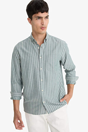 Regular Fit Polo Yaka Dokuma Uzun Kollu Çizgili Gömlek