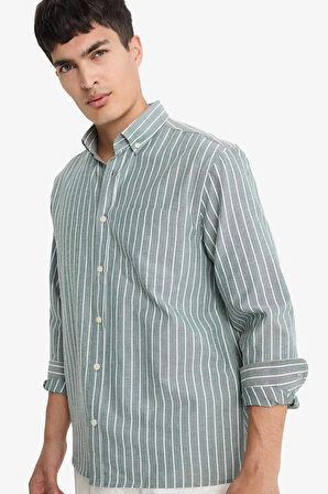 Regular Fit Polo Yaka Dokuma Uzun Kollu Çizgili Gömlek