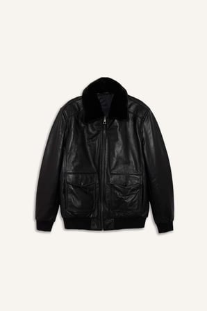 DeFacto %100 Deri Premium Modern Fit Polo Yaka Astarlı Fermuarlı Mont G5521AX25WNBK27