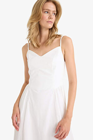 V Yaka Poplin Askılı Midi Elbise