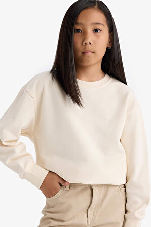 Kız Çocuk Relax Fit Bisiklet Yaka Basic Düz Sweatshirt
