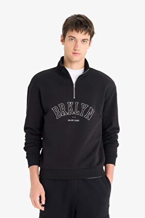Boxy Fit Dik Yaka Fermuarlı Baskılı Sweatshirt
