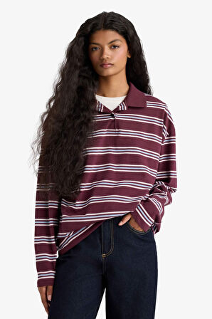 Relax Fit Polo Yaka Çizgili Sweatshirt