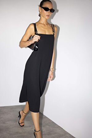 Kare Yaka Krep Kısa Kollu Midi Elbise