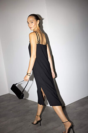 Kare Yaka Krep Kısa Kollu Midi Elbise