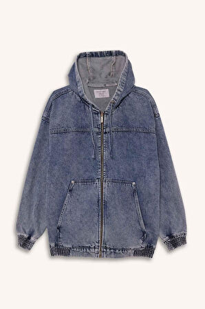 Oversize Geniş Kalıp Kapüşonlu Fermuarlı Denim Ceket