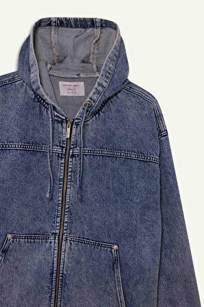 Oversize Geniş Kalıp Kapüşonlu Fermuarlı Denim Ceket