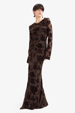 DeFacto Skinny Fit Çiçekli Tül Uzun Kollu Maxi Elbise G2940AX25AUBN207