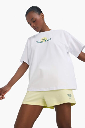 DeFactoFit Oversize Geniş Kalıp Bisiklet Yaka Sırt Baskılı Sporcu Kısa Kollu Tişört E3595AX25SMWT34