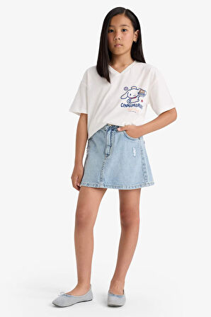 Kız Çocuk Hello Kitty Oversize Geniş Kalıp V Yaka Sırt Baskılı Kısa Kollu Tişört