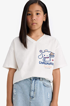 Kız Çocuk Hello Kitty Oversize Geniş Kalıp V Yaka Sırt Baskılı Kısa Kollu Tişört
