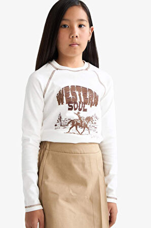 Kız Çocuk Okula Dönüş Slim Fit Dar Kesim Bisiklet Yaka Slogan Baskılı Ribana Uzun Kollu Tişört