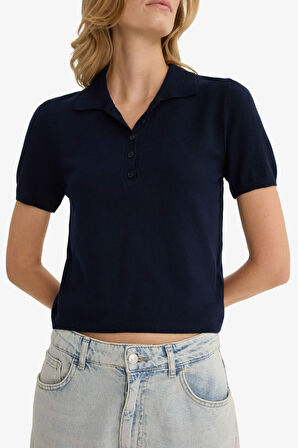 Fitted Polo Yaka Kısa Kollu Triko Kazak