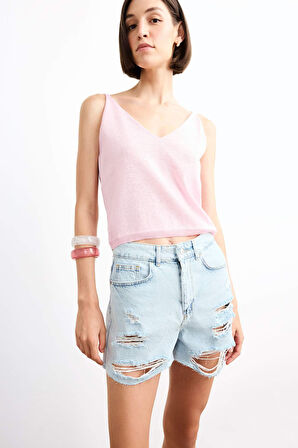 V Yaka Crop Askılı Bluz