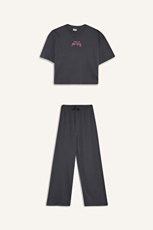 Kız Çocuk 2'li Takım Kısa Kollu Baskılı Tişört Esnek Belli Uzun Alt