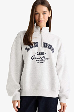 Overshirt Fit Yarım Fermuarlı Baskılı Kalın Kumaş Sweatshirt