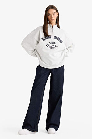 Overshirt Fit Yarım Fermuarlı Baskılı Kalın Kumaş Sweatshirt