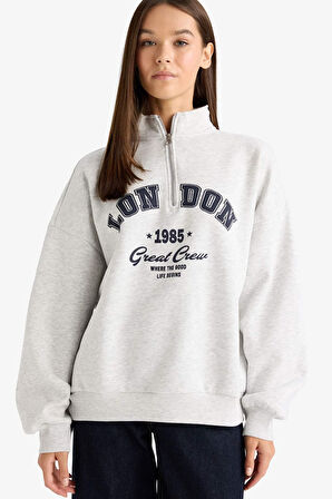 Overshirt Fit Yarım Fermuarlı Baskılı Kalın Kumaş Sweatshirt