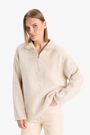 Relax Fit Yarım Fermuarlı Triko Kazak