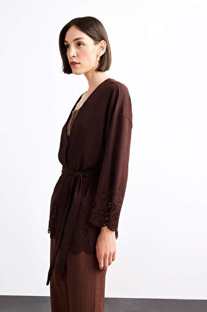 Fitted Bürümcük Brode Bağlamalı Uzun Kollu Bluz