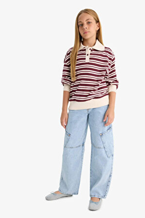 Kız Çocuk Okula Dönüş Relax Fit Polo Yaka Uzun Kollu Polo Tişört