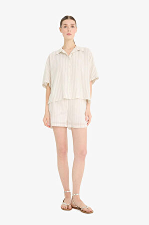 DeFacto Loose Fit Çizgili Keten Karışımlı Kısa Kollu Gömlek F5546AX25SMER105