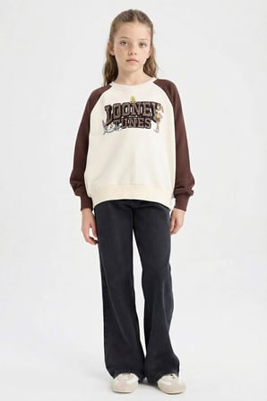 Looney Tunes Oversize Geniş Kalıp Bisiklet Yaka Sweatshirt Kız Çocuk