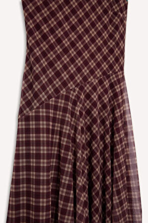 Coool V Yaka Kareli Tül Askılı Midi Elbise