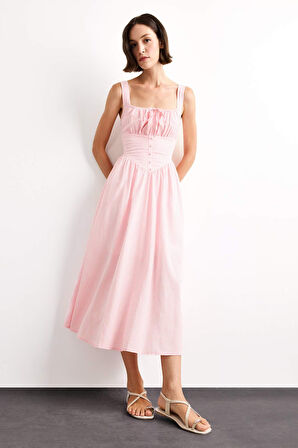 Kare Yaka Askılı Maxi Elbise