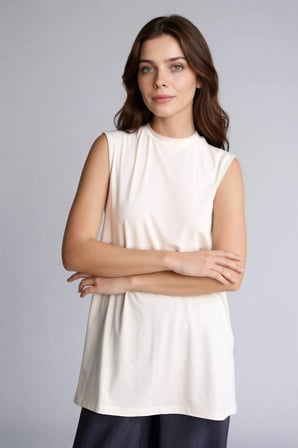 Defacto F9753AXER105 Ekru Basıc Kolsuz Tunik
