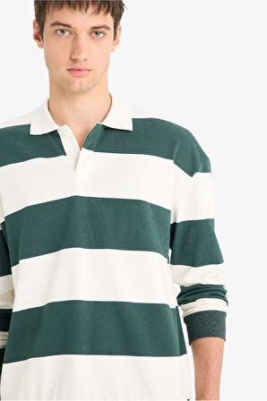 Boxy Fit Polo Yaka Çizgili Sweatshirt