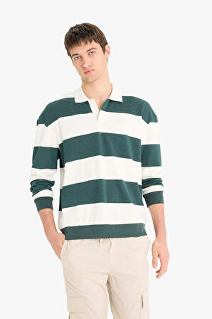 Boxy Fit Polo Yaka Çizgili Sweatshirt