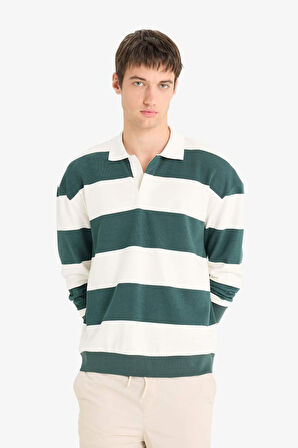 Boxy Fit Polo Yaka Çizgili Sweatshirt