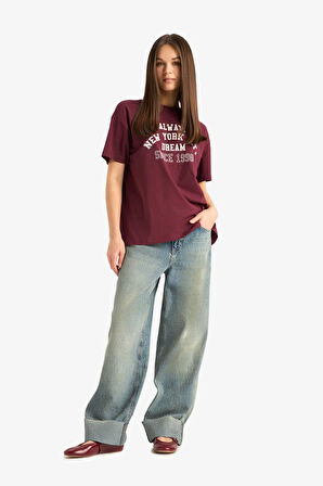 Oversize Geniş Kalıp Bisiklet Yaka Baskılı Kısa Kollu Tişört