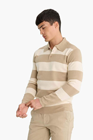 Standart Fit Polo Yaka Düğmeli Renk Bloklu Triko Kazak