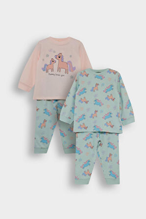 Kız Bebek 4'lü Pijama Takımı Unicorn Baskılı Uzun Kollu Penye Üst Uzun Alt
