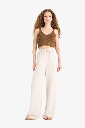 Wide Leg Cepli Yüksek Bel Standart Boy Keten Karışımlı Pantolon