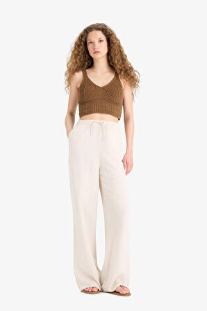 Wide Leg Cepli Yüksek Bel Standart Boy Keten Karışımlı Pantolon