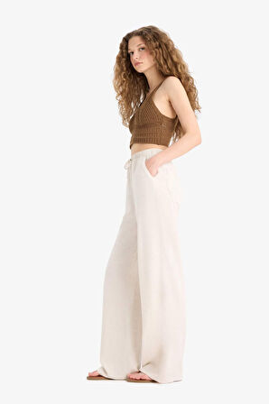 Wide Leg Cepli Yüksek Bel Standart Boy Keten Karışımlı Pantolon