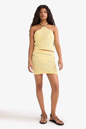 Slim Fit Dar Kesim Kroşe Mini Etek