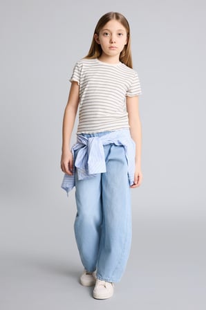 DeFacto Slim Fit Bisiklet Yaka Çizgili Fitilli Kısa Kollu Tişört Kız Çocuk B6692A826SMGR449