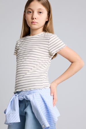 DeFacto Slim Fit Bisiklet Yaka Çizgili Fitilli Kısa Kollu Tişört Kız Çocuk B6692A826SMGR449