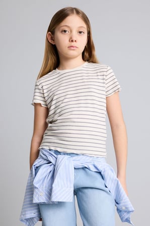 DeFacto Slim Fit Bisiklet Yaka Çizgili Fitilli Kısa Kollu Tişört Kız Çocuk B6692A826SMGR449