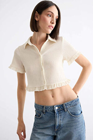 Crop Kısa Kollu Beyaz Gömlek