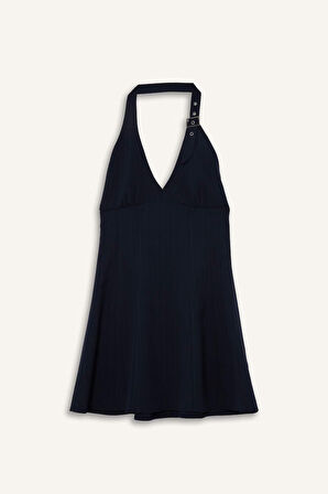 Coool Halter Yaka Kareli Mini Elbise