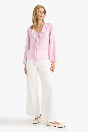 Regular Fit V Yaka Volanlı Pamuklu Uzun Kollu Bluz