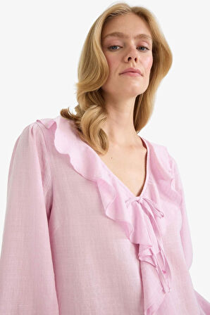 Regular Fit V Yaka Volanlı Pamuklu Uzun Kollu Bluz