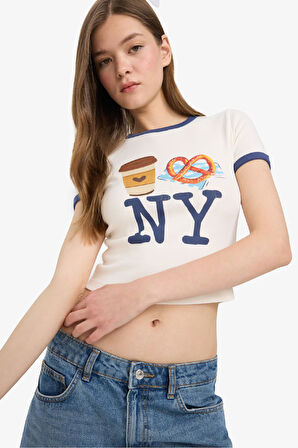 Coool Fitted Crop Bisiklet Yaka Baskılı Ribana Kısa Kollu Tişört